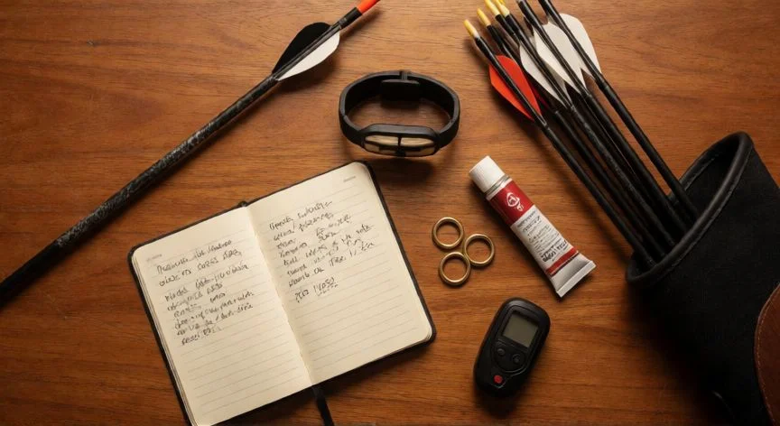 como mejorar como arquero, Equipo de tiro con arco y cuaderno de notas sobre mesa de madera