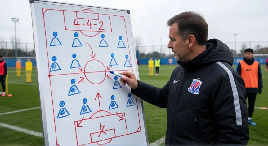 como mejorar como defensa en el futbol, Entrenador explicando posicionamiento defensivo con pizarra táctica en campo de entrenamiento
