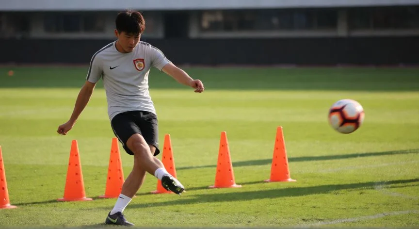 como mejorar como delantero, Delantero en pleno remate de volea durante sesión de entrenamiento en césped