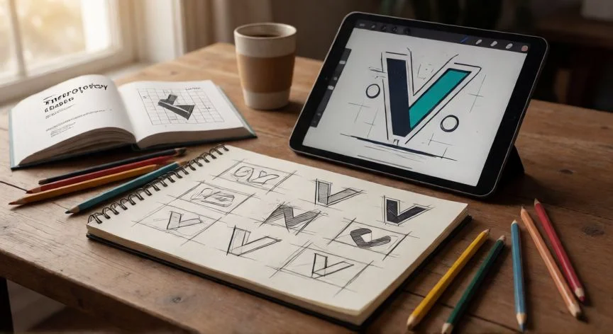 Espacio de trabajo de un diseñador gráfico con bocetos, tablet y referencias tipográficas