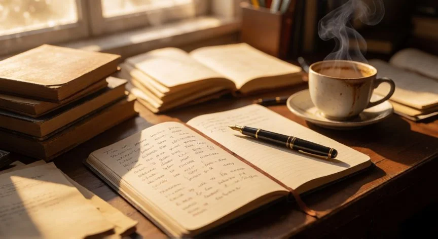 como mejorar como escritor, Mesa de escritura con libreta abierta, pluma de tinta y libros apilados bajo luz cálida