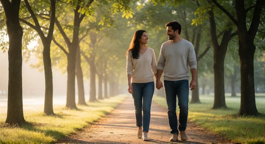 como mejorar como esposo, Esposo y esposa caminando juntos por un parque en la mañana con confianza y cercanía