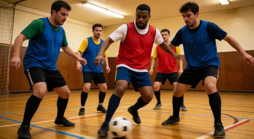como mejorar como futbolista, Partido de fútbol sala 5x5 en pista cubierta con intensidad alta y espacios reducidos