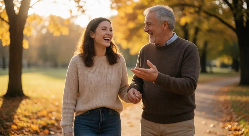 como mejorar como hija, Hija y padre caminando y riendo juntos en un parque al atardecer