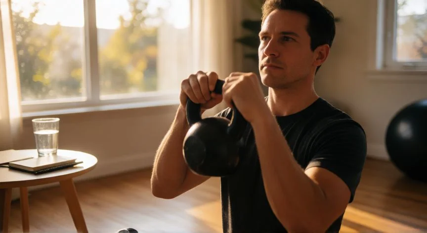 como mejorar como hombre, Hombre haciendo ejercicio de fuerza en su hogar por la mañana con luz natural