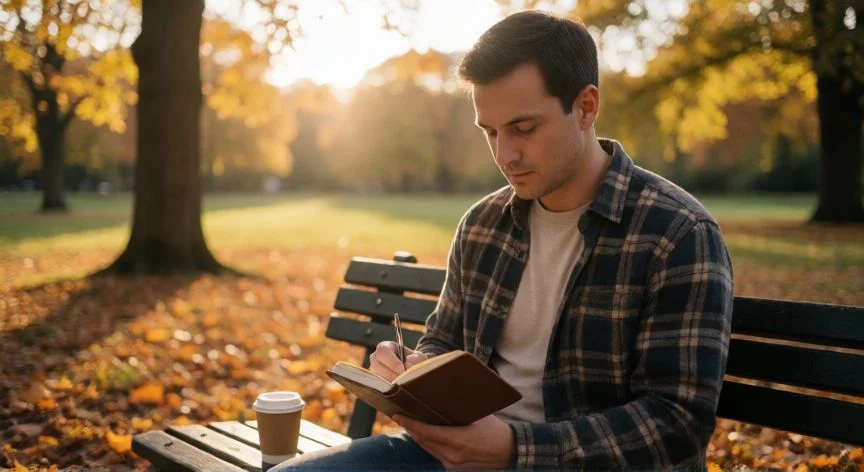 como mejorar como hombre, Hombre escribiendo en un cuaderno en un parque al atardecer, momento de reflexión personal