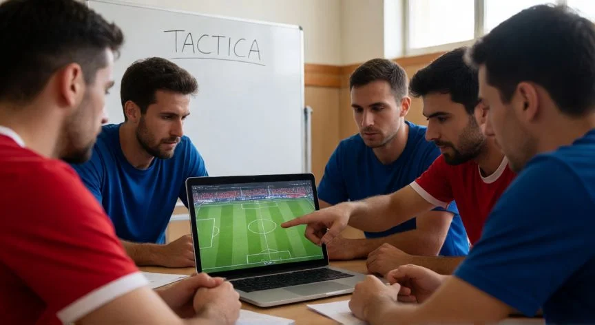 como mejorar como jugador de futbol, Grupo de jugadores analizando táctica en video durante una sesión de equipo