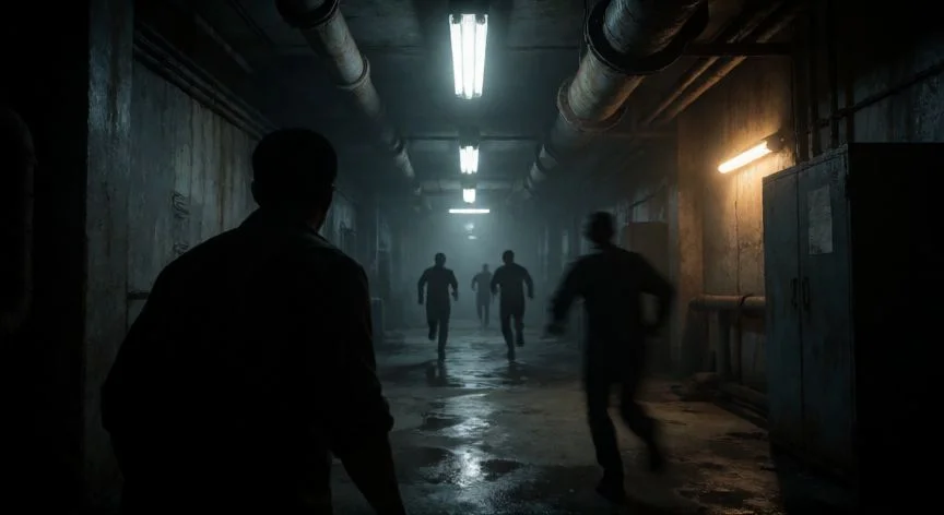 como mejorar como killer en forsaken, Perspectiva del Killer en un pasillo industrial de Forsaken persiguiendo supervivientes