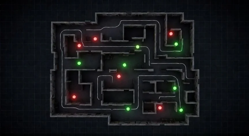 como mejorar como killer en forsaken, Vista táctica del mapa de Forsaken mostrando posiciones del Killer y supervivientes