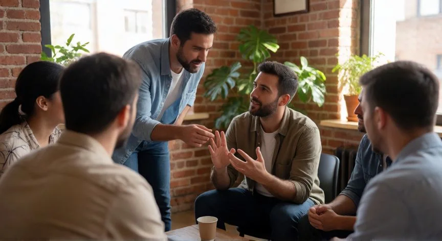 como mejorar como lider, Equipo en sesión de escucha activa y feedback constructivo