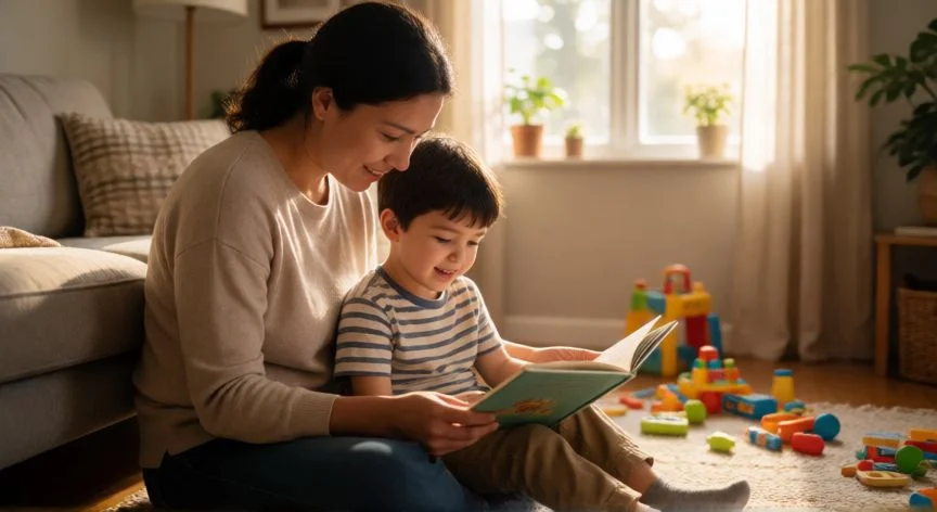 como mejorar como mama, Madre leyendo un cuento a su hijo en el suelo del salón