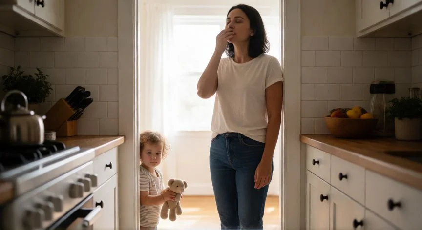 como mejorar como mama, Madre tomando una pausa para respirar mientras su hijo la observa con ternura