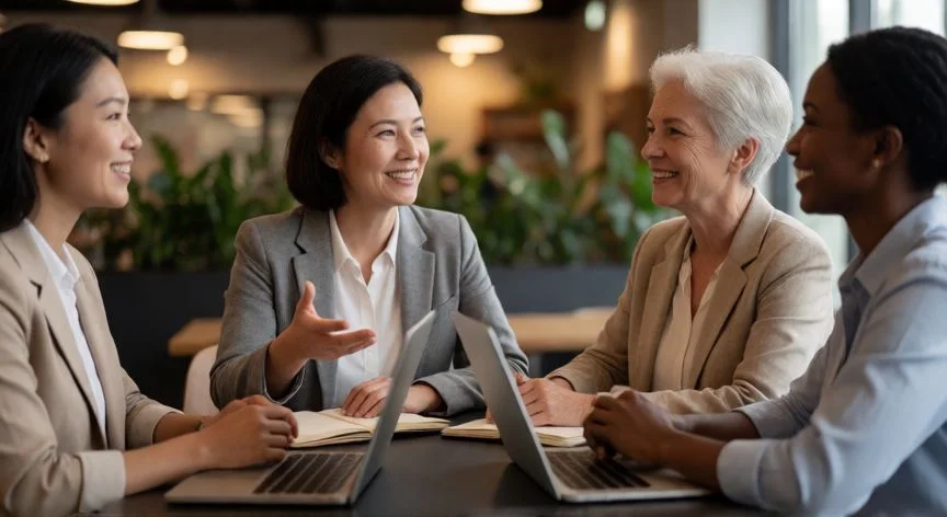 como mejorar como mujer, Grupo de mujeres profesionales conversando y apoyándose en un espacio de trabajo