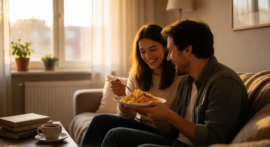 como mejorar como novio, Pareja compartiendo una cena tranquila y riendo en el sofá de casa