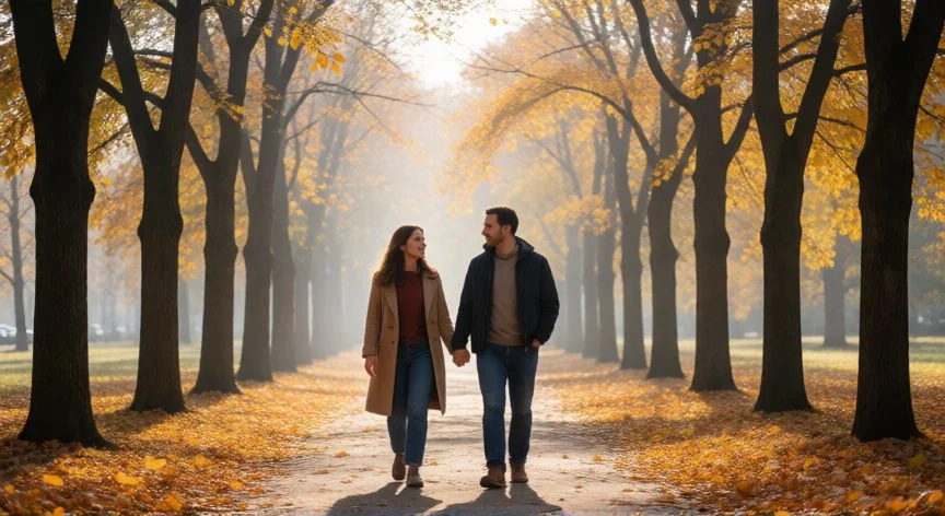 como mejorar como novio, Pareja caminando y conversando por un parque en otoño