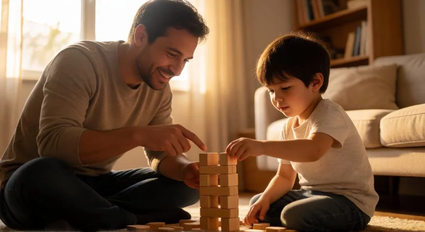 como mejorar como padre, Padre e hijo jugando con bloques de madera en el salón