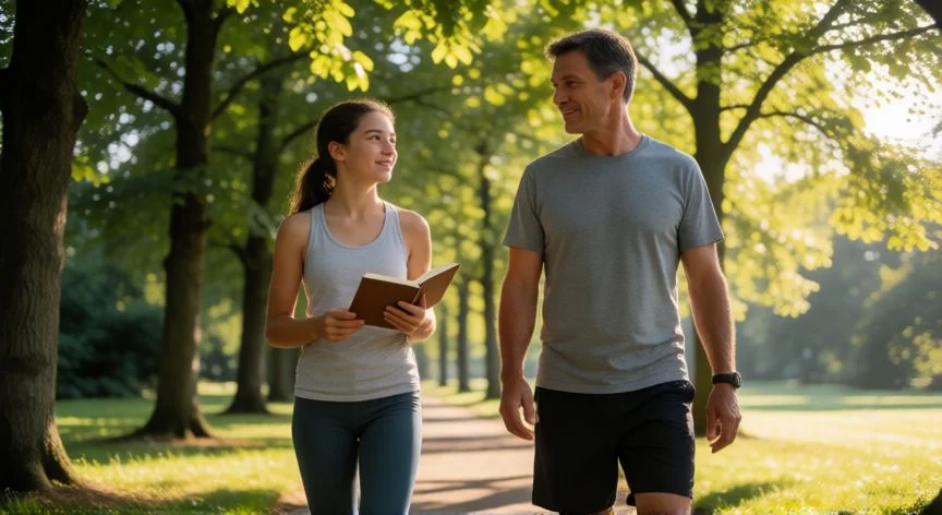 como mejorar como padre, Padre e hija adolescente caminando y conversando en un parque