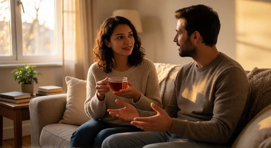 como mejorar como pareja, Pareja conversando con atención y calidez en el sofá de su salón