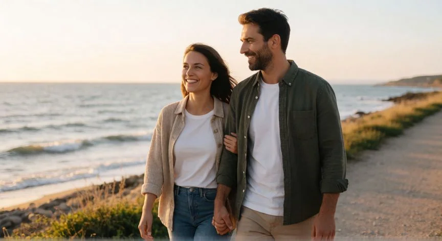como mejorar como pareja, Pareza caminando de la mano por un sendero costero al atardecer