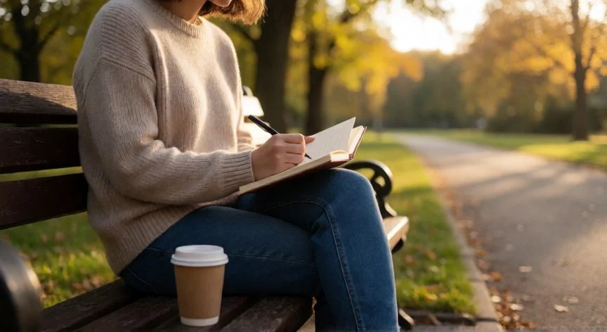 como mejorar como persona, Persona escribiendo en un cuaderno en un parque al atardecer