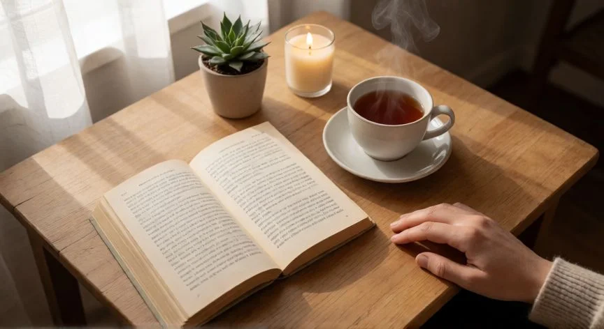 como mejorar como persona, Mesa con té, libro encendido y vela en una mañana tranquila