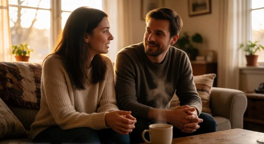 como mejorar como persona para mi pareja, Pareja en conversación atenta en el salón sin móviles, luz cálida