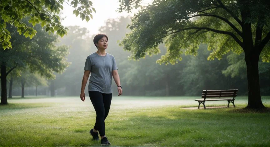 como mejorar como persona para mi pareja, Persona paseando en un parque por la mañana cuidando su bienestar físico