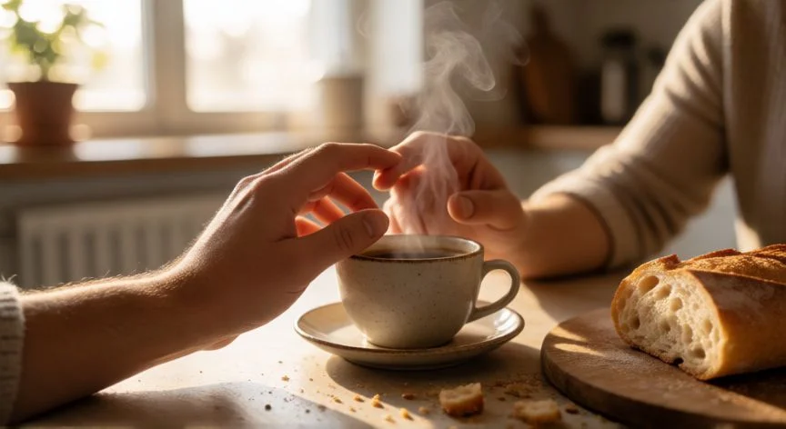 como mejorar como persona y pareja, Manos entrelazadas de una pareja sobre mesa de cocina con café