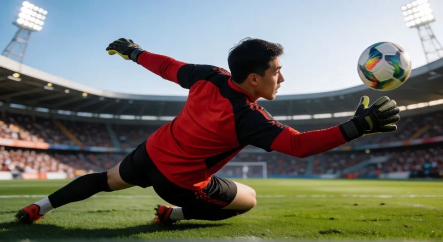 como mejorar como portero, Portero realizando una parada lateral en un partido de fútbol