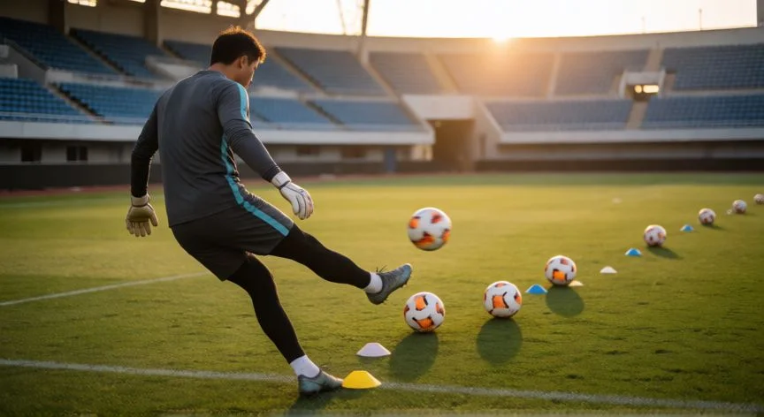 como mejorar como portero, Entrenamiento de pase y distribución de un portero al atardecer