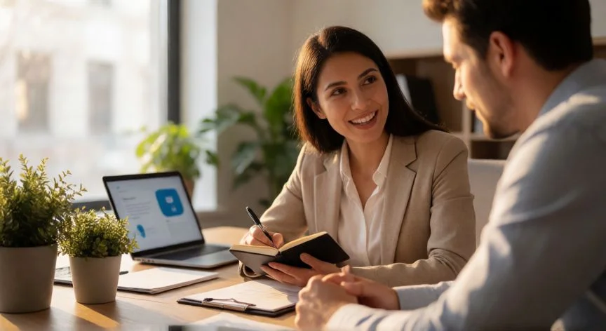 Vendedor tomando notas durante una reunión de escucha activa con un cliente en oficina moderna