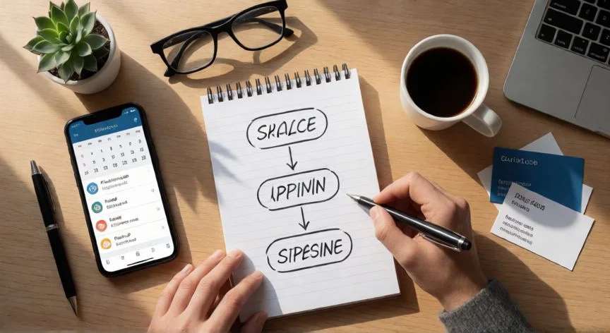 como mejorar como vendedor, Mesa de trabajo de un vendedor con notas de seguimiento y planificación de pipeline de ventas