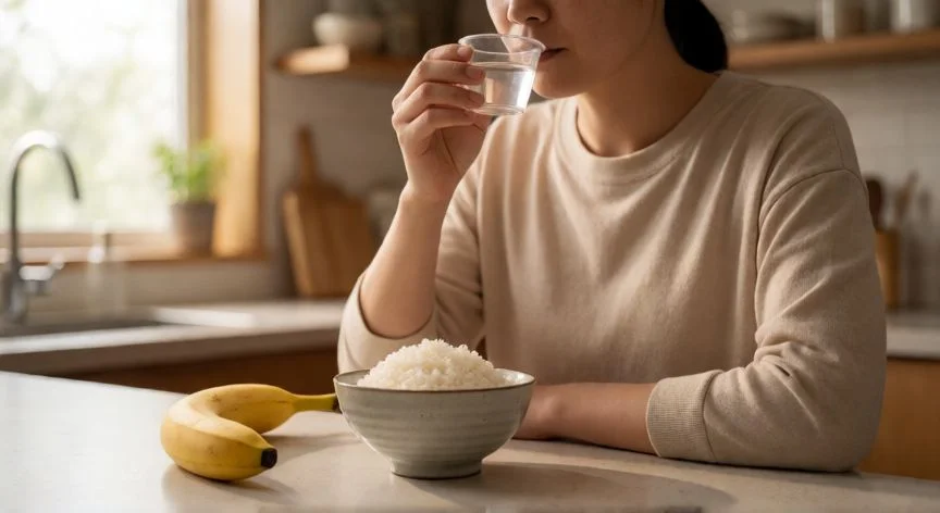 Persona bebiendo suero oral con dieta blanda de arroz y plátano sobre la mesa