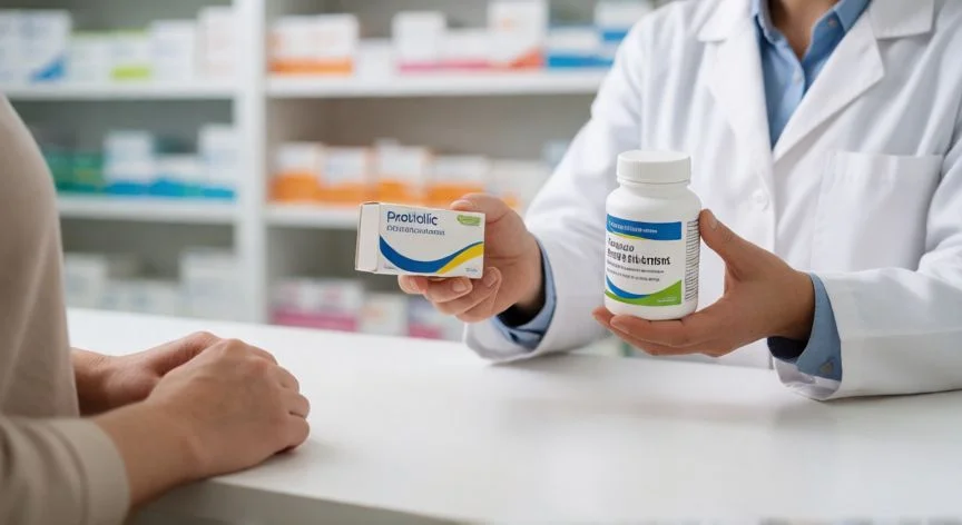 como mejorar diarrea, Farmacéutico entregando probióticos y suero oral de rehidratación al paciente