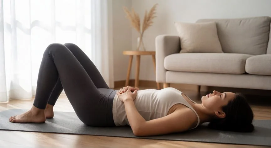 como mejorar diastasis abdominal, Mujer realizando ejercicio de draw-in abdominal en casa sobre una alfombrilla de yoga