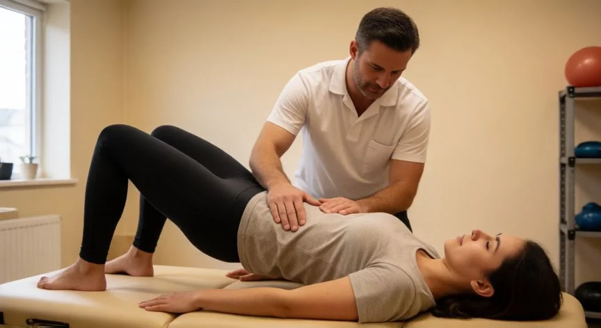 como mejorar diastasis abdominal, Fisioterapeuta guiando un ejercicio de puente de glúteos con activación del core en consulta