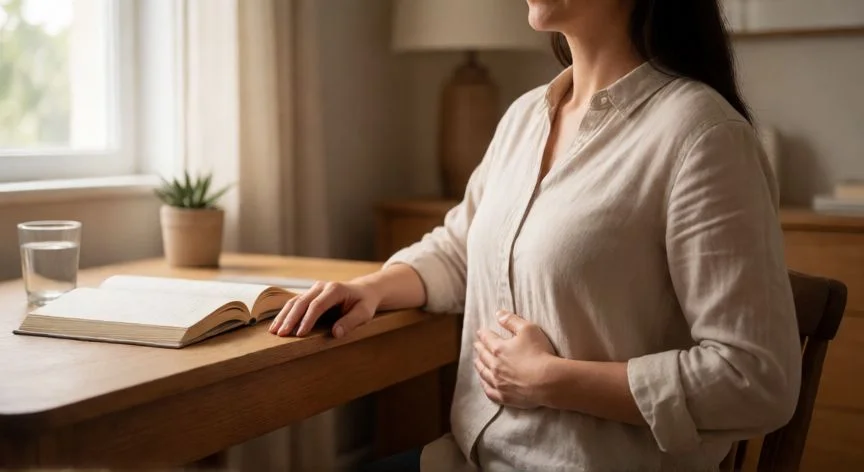 Mujer haciendo ejercicios de respiración diafragmática y articulación vocal en su escritorio