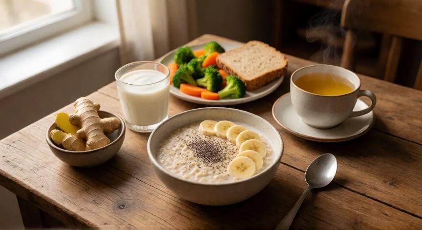como mejorar digestion, Mesa con alimentos probióticos, fibra y jengibre para mejorar la digestión