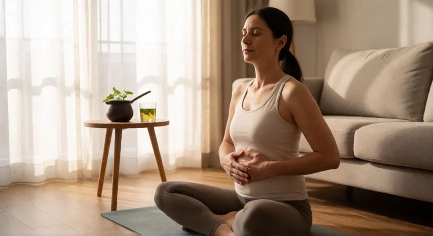 como mejorar digestion, Mujer practicando respiración diafragmática con té de hierbabuena para relajar el intestino