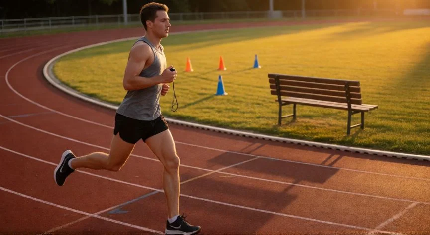 como mejorar el 1500 metros, Atleta realizando series de 400m en pista al atardecer con cronómetro