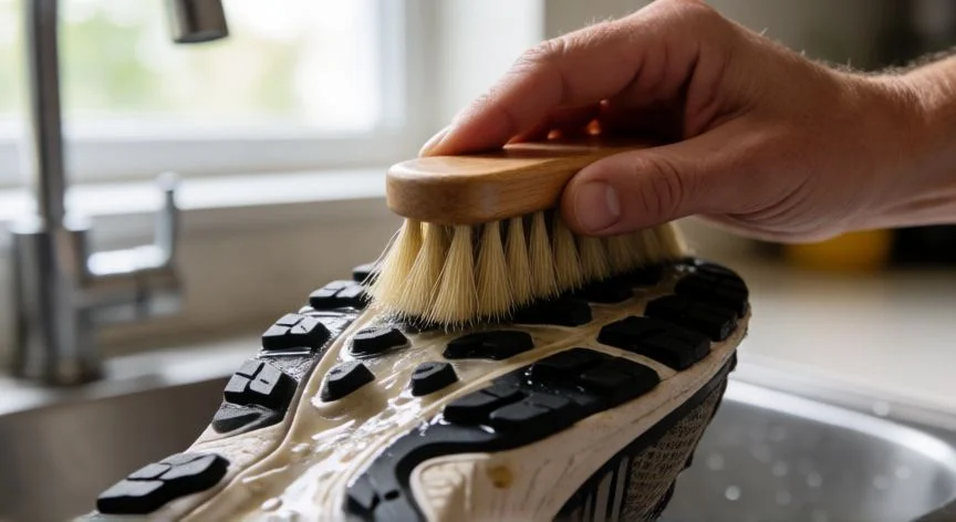 como mejorar el agarre de mis zapatillas, Limpiando la suela de una zapatilla con cepillo duro y agua jabonosa