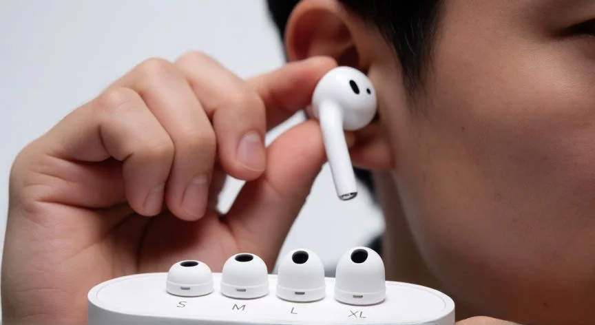 como mejorar el audio de mis airpods 4, Manos sujetando AirPod 4 con punteras de silicona de distintos tamaños en bandeja