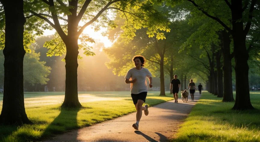 como mejorar el autoestima, Persona haciendo ejercicio al aire libre en un parque con luz dorada de la mañana