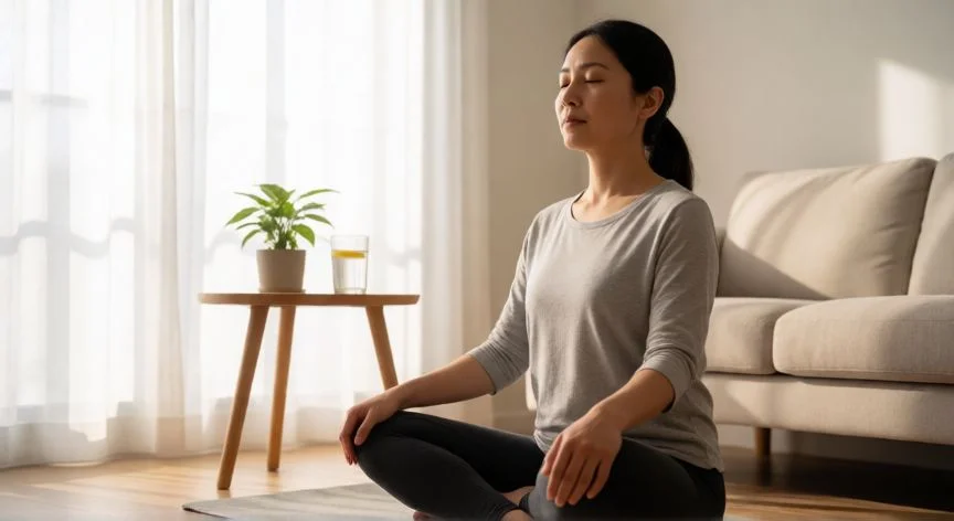 como mejorar el cortisol, Mujer practicando respiración diafragmática en un salón luminoso para regular el cortisol