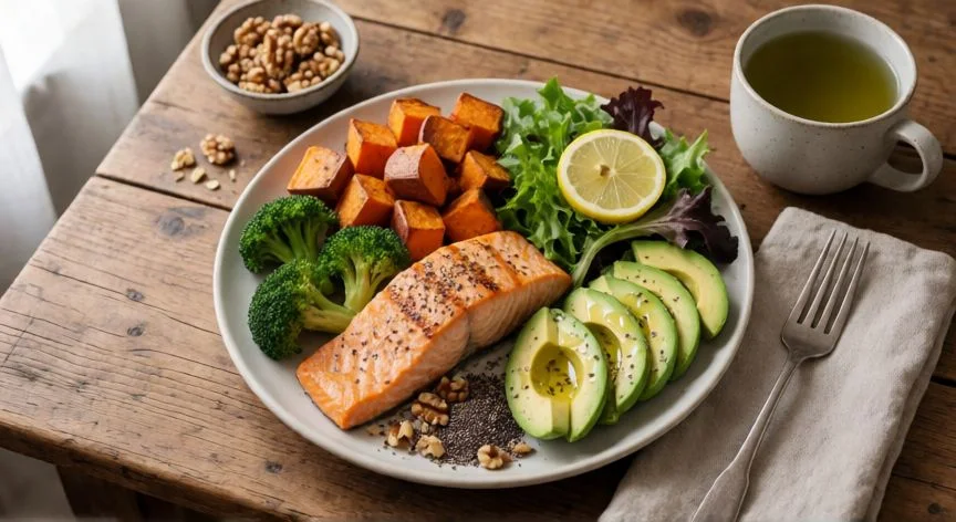 como mejorar el cortisol, Plato antiinflamatorio con salmón, verduras y grasas saludables para equilibrar el cortisol