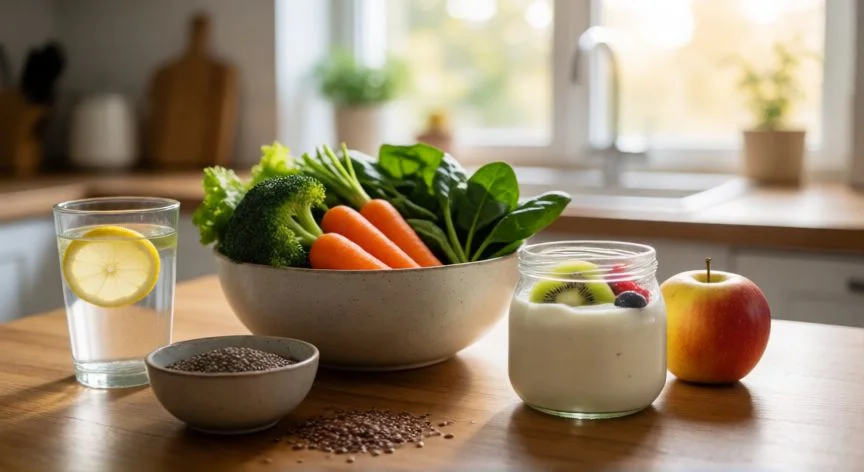 como mejorar el estreñimiento, Mesa con verduras, frutas, semillas y agua para una dieta rica en fibra contra el estreñimiento