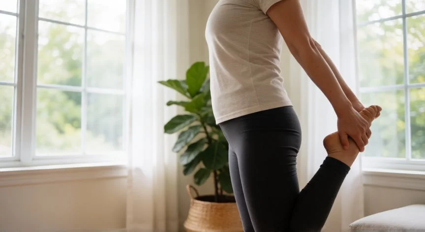 como mejorar el estreñimiento, Persona haciendo estiramientos de yoga en un salón luminoso para estimular el tránsito intestinal