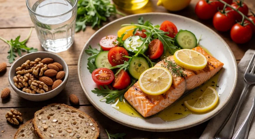 como mejorar el higado graso, Plato mediterráneo con salmón, ensalada, frutos secos y aceite de oliva