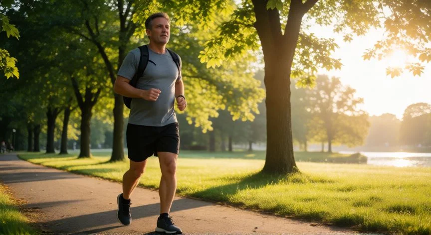como mejorar el higado graso, Hombre caminando a paso vivo en un parque arbolado al amanecer