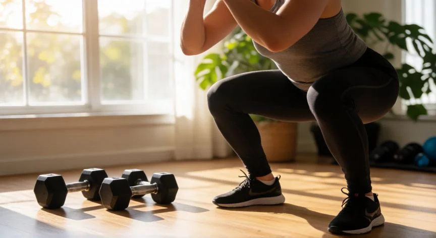 como mejorar el metabolismo, Persona haciendo sentadillas con peso corporal en un gimnasio doméstico luminoso